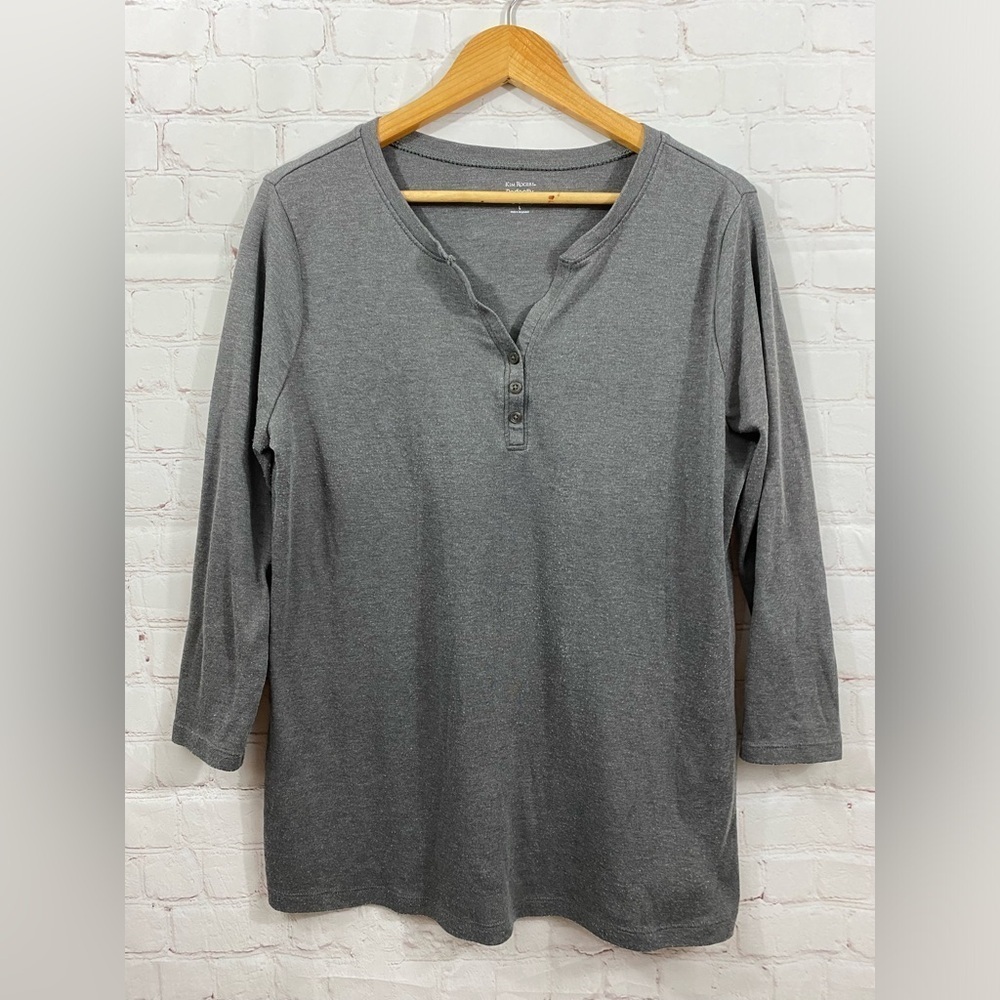 Kim Rogers Perfectly Soft Gray Cozy Lounge Shirt Womens Size Large V-Neck